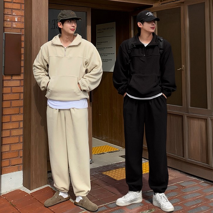 남자 남성 루즈 오버핏 기모 헤비 후리스 플리스 아노락 조거 겨울 트레이닝 세트 셋업