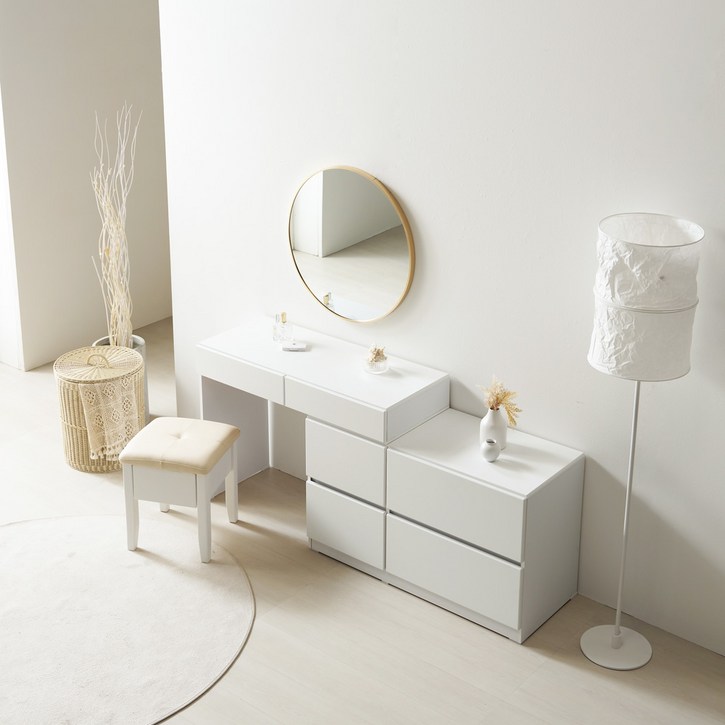 클랜 확장형 화장대 1000 원형거울 서랍의자 포함 세트