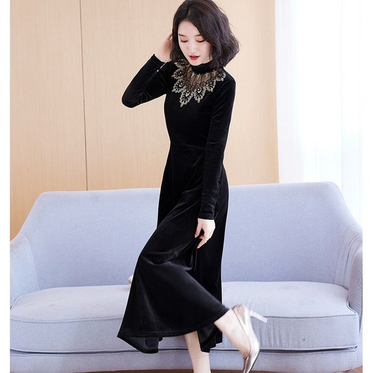 POMTOR 봄가을 여자 반폴라 벨벳 원피스 빅사이즈 레이스 롱 스커트