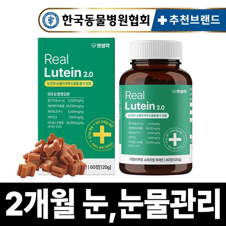 펫생각 리얼 루테인 강아지 눈 눈물 자국 영양제 보조제 백내장 녹내장 눈노화 예방 시력저하 120g, 1개, 눈물개선눈건강