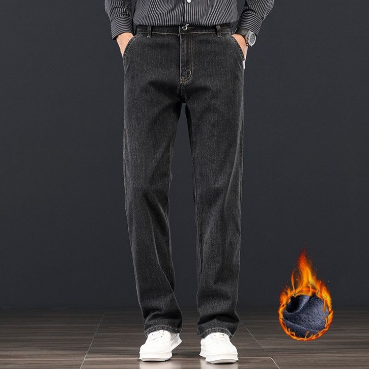 wassup 남자 기모 청바지 일자핏 겨울 스판 남성 와이드팬츠 기모바지