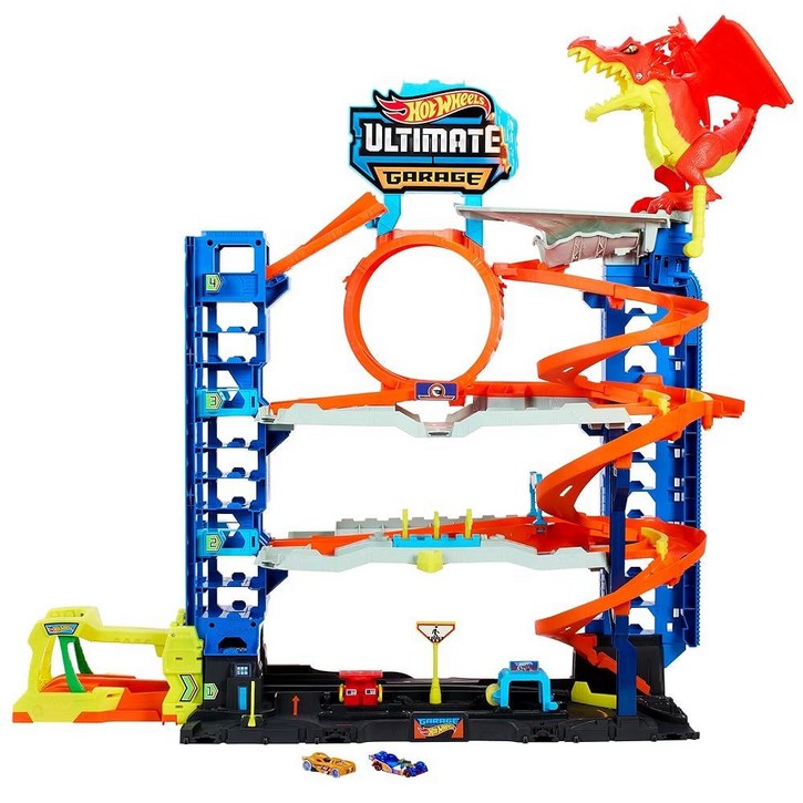 Hot Wheels City Ultimate Garage 놀이 세트, 다이캐스트 자동차 2개, 50개 이상의 164 스케일 자동차용 장난감 보관함, 4단계 트랙 플레이, 드래곤
