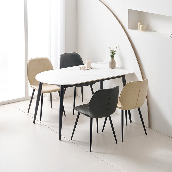 라로퍼니처 쿠키 1350 반 타원 포세린 통 세라믹 블랙 스틸 프레임 식탁 세트 (식탁+의자4)