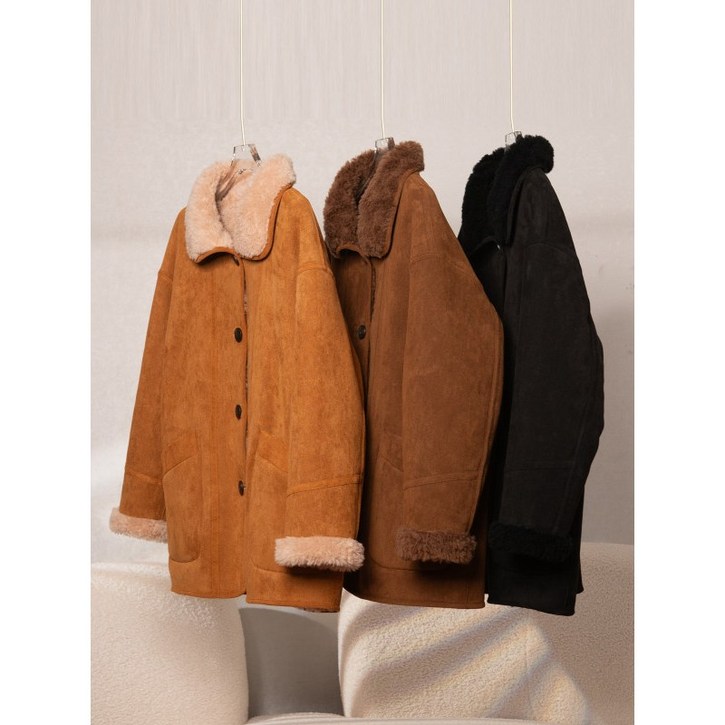 여성 양면 무스탕 자켓 리얼양털 하프코트  겨울 따뜻한 양가죽 루즈핏 스웨이드 (양모95%)