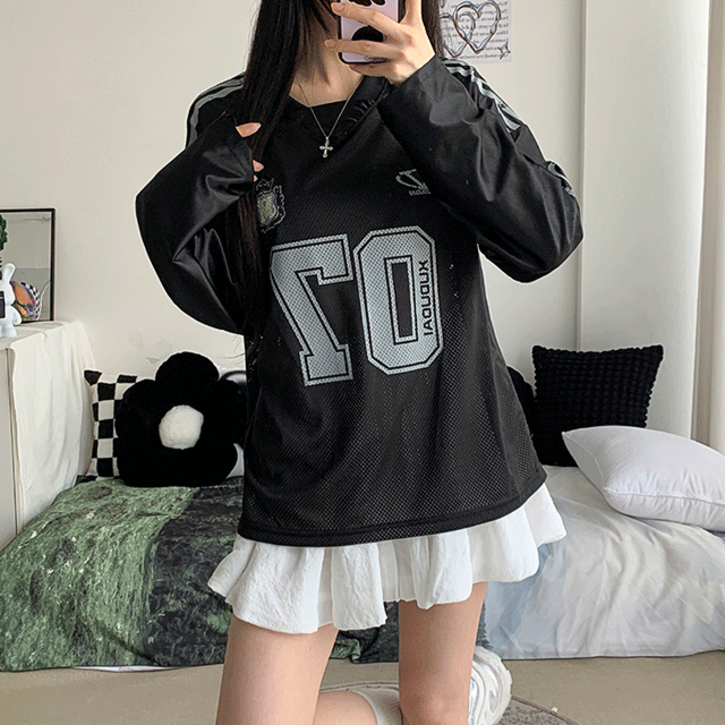 [스포티룩/2col] 마임 오버핏 브이넥 레터링 풋볼 유니폼 저지 티셔츠