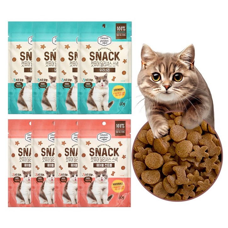 캣퓨어 스낵 고양이 치석제거 헤어볼 신장요로 다이어트 중성화 간식, 2개, 60g, 2종헤어볼2봉지유리너리2봉지 캣퓨어 스낵 고양이 치석제거 헤어볼 신장요로 다이어트 중성화 간식, 2개, 60g, 2종헤어볼2봉지유리너리2봉지
