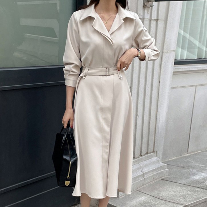 페이퍼먼츠 카라넥 스트랩 긴팔 플레어 원피스 23176