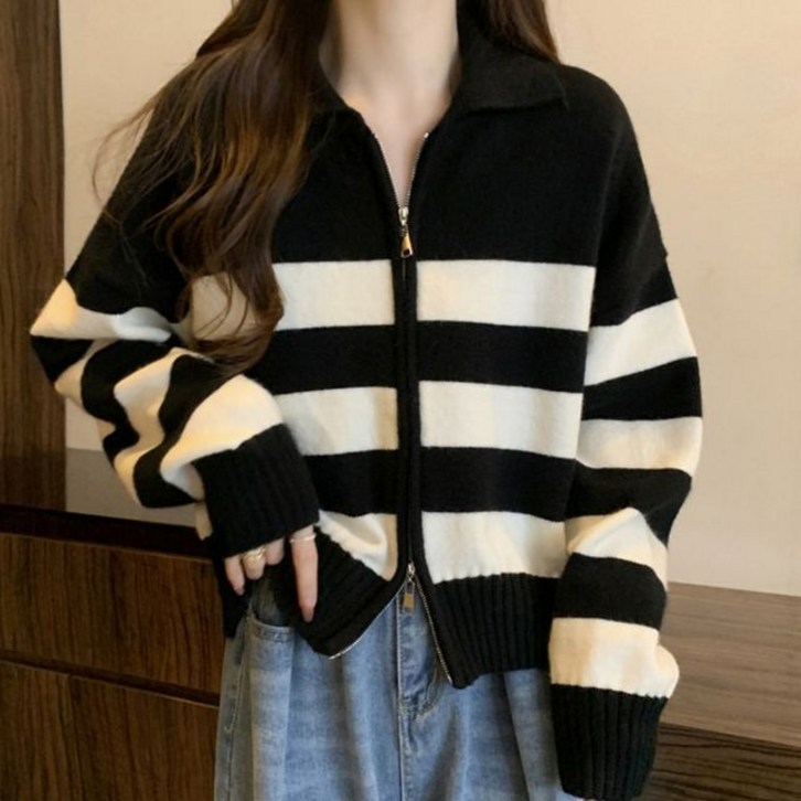 걸스 엘라스틱 훌륭한 일상용 컴포트 줄무늬투웨이집업 집업후드 아우터니트