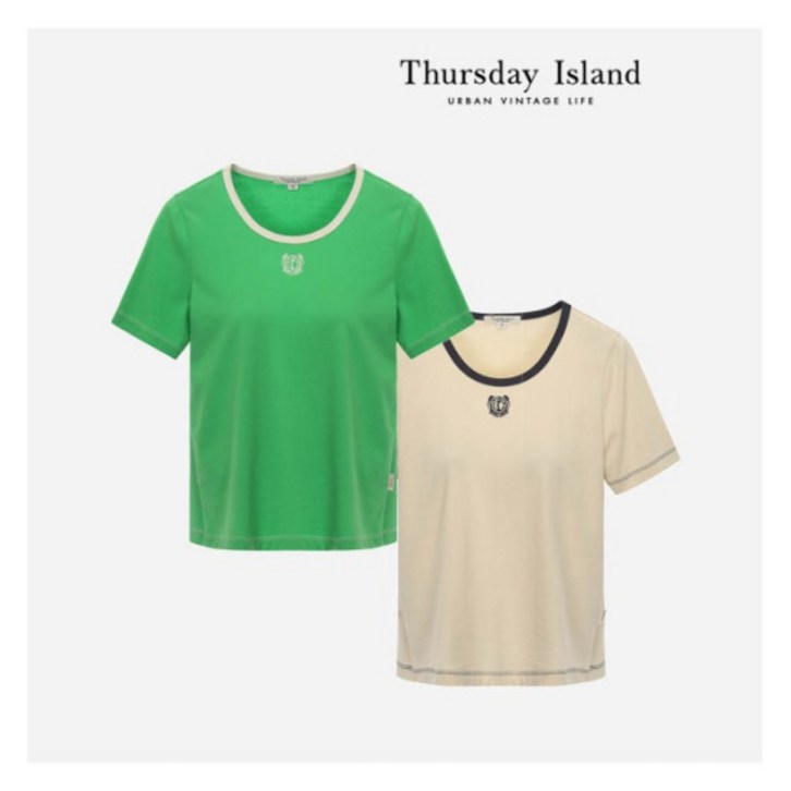 써스데이아일랜드Thursday Island 배색 시보리 U넥 자수 티셔츠(T234MTS237W) 1355209