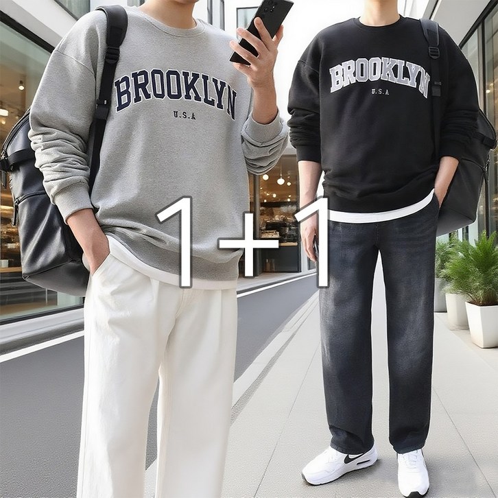 기모선택11 어깨가 넓어보이는 브루클린 자수 오버핏 쭈리 맨투맨 티셔츠 ZZBMT042