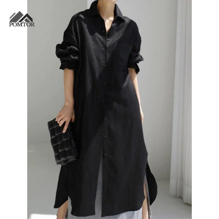 POMTOR 여성 신상 면마 셔츠 원피스 넉넉한 불규칙한 긴 원피스