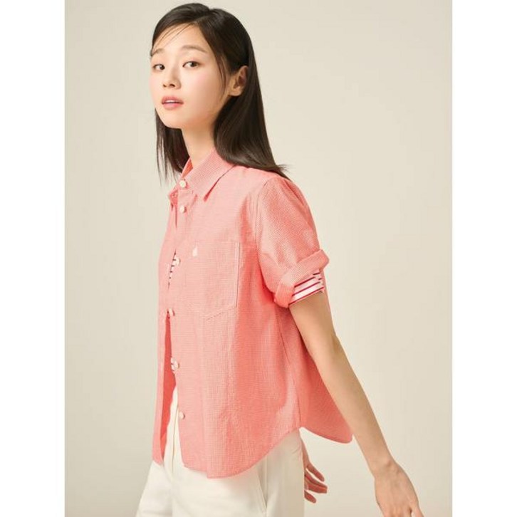 빈폴 레이디스 코튼 혼방 깅엄 체크 반소매 셔츠 레드 BF5465C036 120074