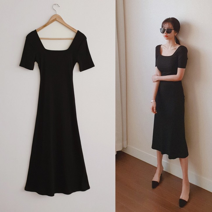 나날샵  탈무드 스퀘어넥 골지 반팔 롱원피스  여성원피스 하객원피스 여름원피스