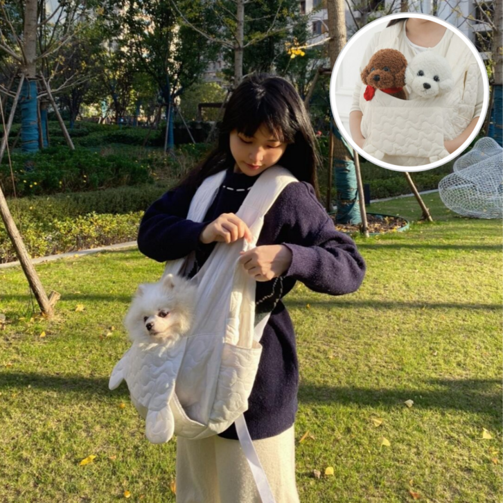 포유포펫 강아지 포대기 두마리 대형 앞가방, 아이보리, 1개
