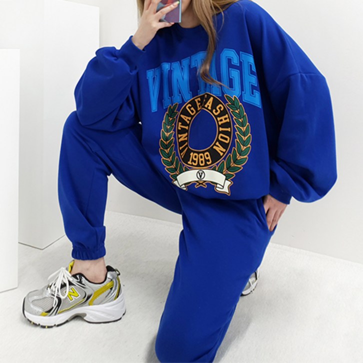 퀸비샵 빈티지 스웨트 셋업 조거 면 간절기맨투맨 츄리닝세트 트레이닝복 빅사이즈 오버사이즈 오버핏 루즈핏