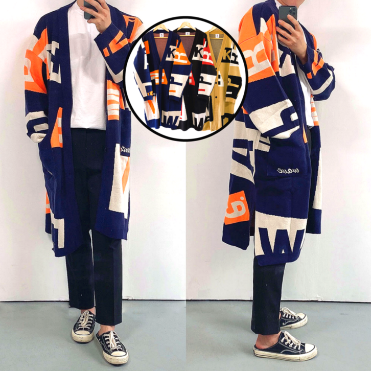 이브컴퍼니 옆트임 오버핏 퍼즐 레터링 남자 봄 롱가디건 29531