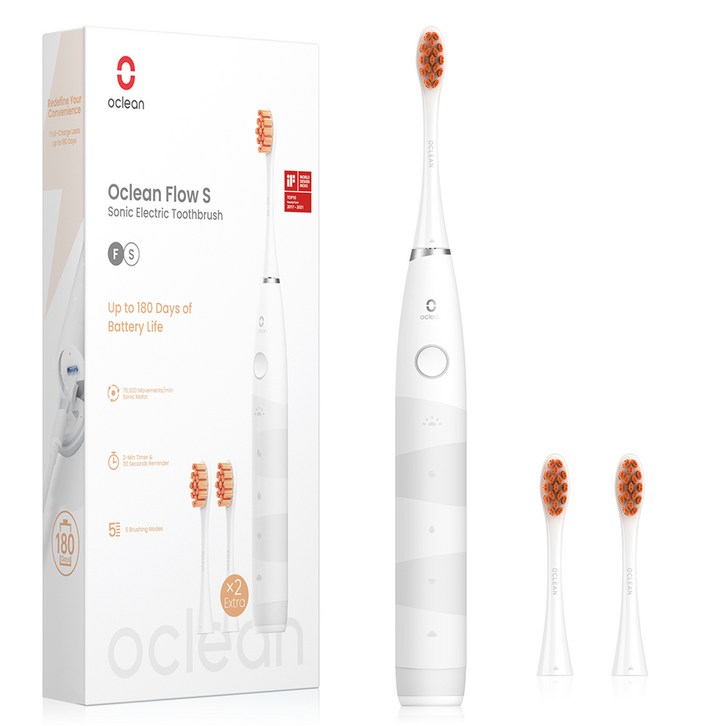 [한정특가 28900원] 오클린 Oclean Flow 음파전동칫솔본체+칫솔모 3개 1년 2번만 충전 분당 76000회 IPX7방수