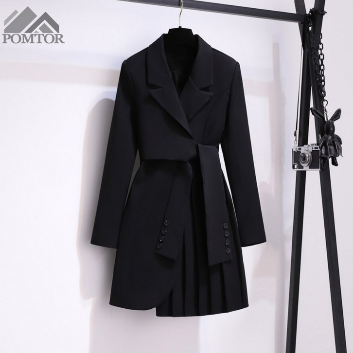 POMTOR 여성 봄가을 면접 고급 하객룩 정장 스커트 긴팔 원피스