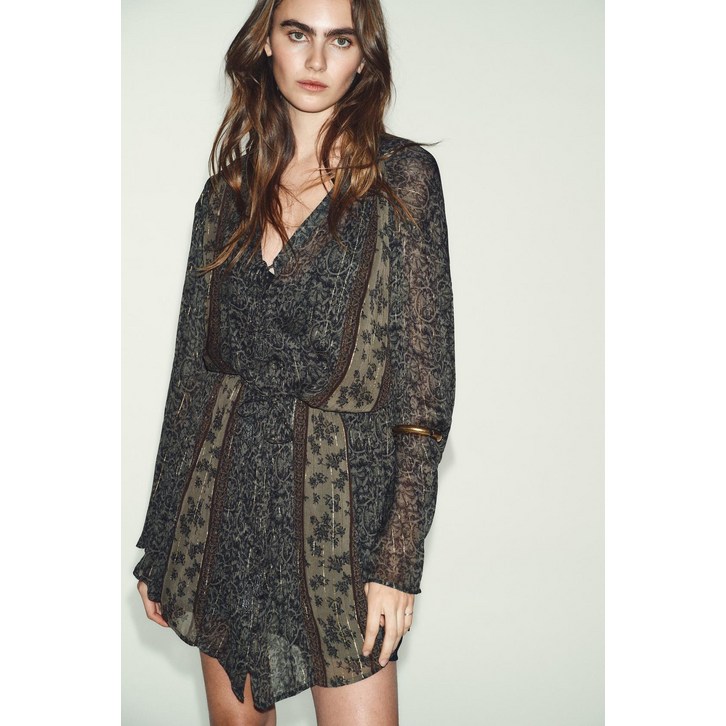 ZARA 자라 메탈릭 얀 프린트 브이넥 미니 원피스 5770248