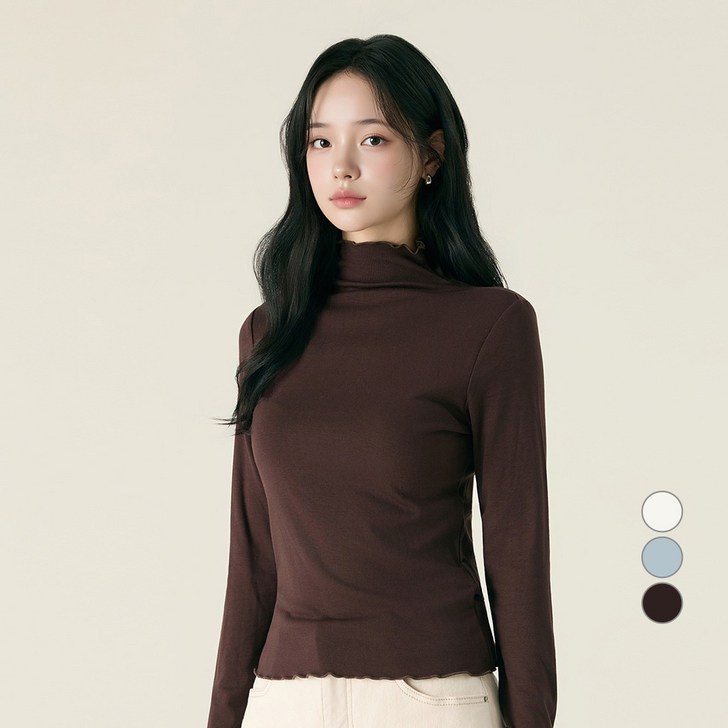 로엠 여성용 기모 물결 반하이넥 티셔츠