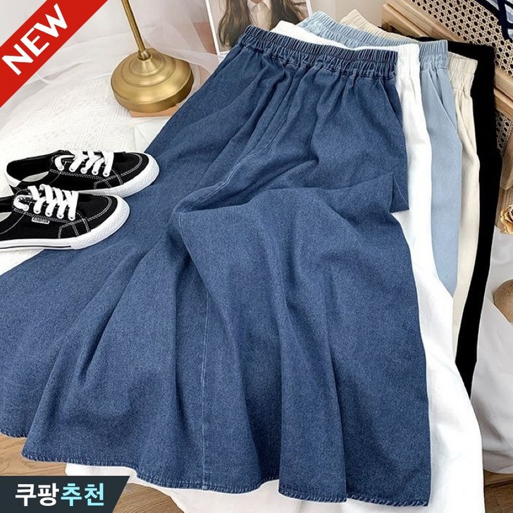 150kg까지 빅사이즈 여성 떨어지는 데님 a라인 스커트 여름 편한 롱 날씬해보이는 일본 핏 예쁜 무지 주머니있는 베이직 코디 데일리 밴딩 플리츠 루즈핏 단아한 얇은 4xl 스커트