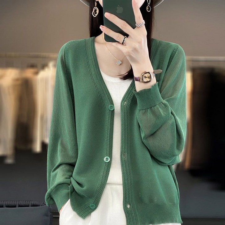 ORZQU 여름 여성 루즈핏 얇은 니트 가디건 스타일 에어컨 긴팔 상의 아우터