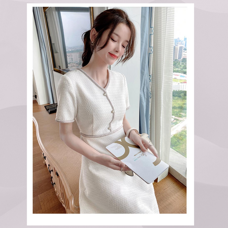 브이넥 진주 원피스 플레어 A라인 하객룩 상견레룩