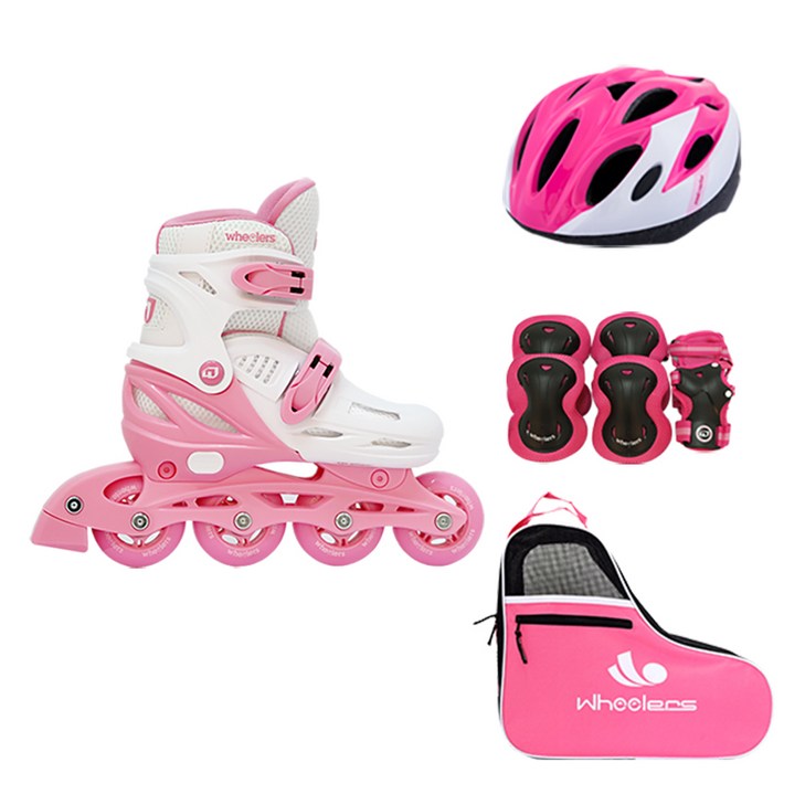 휠러스 아동용 에이스2 인라인 스케이트  가방  보호대  헬멧 콤보 세트, 핑크, 1세트