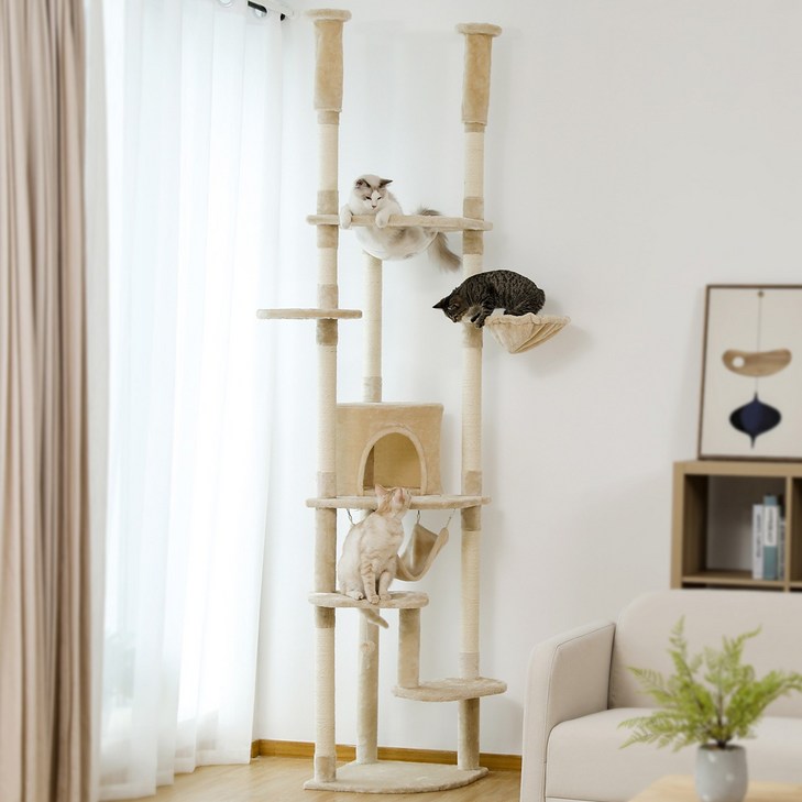 PAWZ Road 6단 대형 플러시 패브릭 캣폴,천장 고정형 트윈 기둥 높이 조절 캣타워 236CM258CM,스크래쳐 기둥숨숨집해먹
