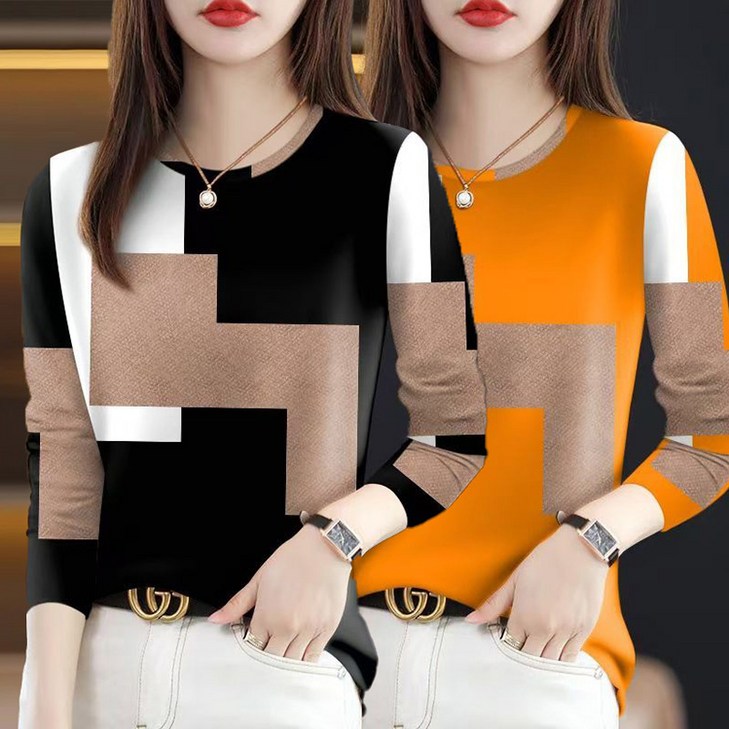 ORZQU 11 봄가을겨울 여성 긴팔 티셔츠 빅사이즈 라운드넥 핏드 핏 아우터용 긴팔 세트