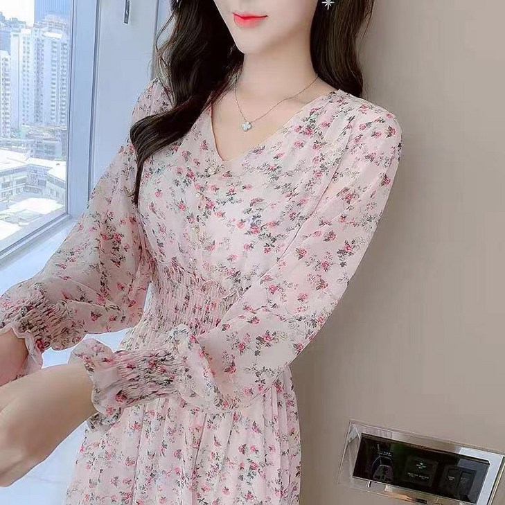 ANYOU 여성 쉬폰 원피스 봄가을 긴팔  밴딩 브이넥 분위기 플라워 롱원피스