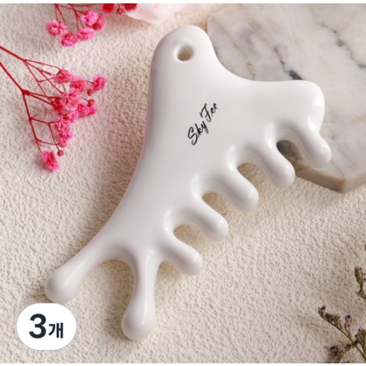 4in1 세라믹 괄사 마사지기 얼굴 두피 지압 혈자리 림프순환용 바디 승모근 도자기, 화이트, 3개