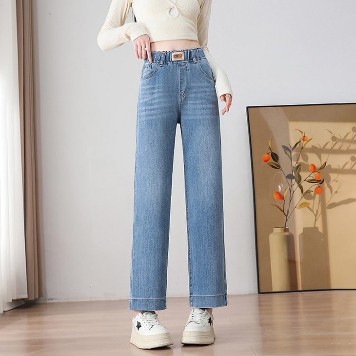 HL77033  9부 여성청바지 일자진 허리밴딩 고무줄 스판데님팬츠 빅사이즈 키작녀