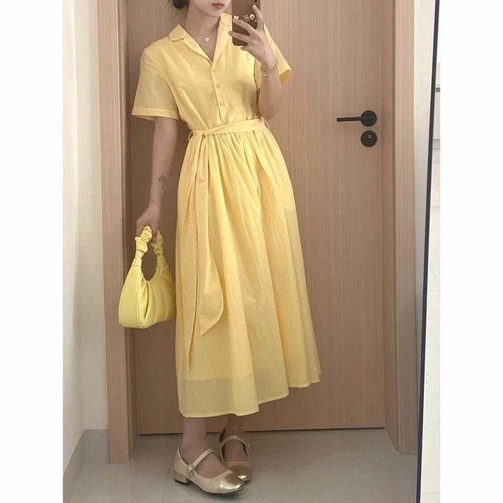 Satiko 여성용 셔츠 원피스 옐로우 반팔 롱 원피스 카라넥 허리 스트랩 A라인 체형커버 빅사이즈 여름 오피스룩 출근룩 린넨 스타일 시원한 드레스 하객룩 30대 40대 감성 코디
