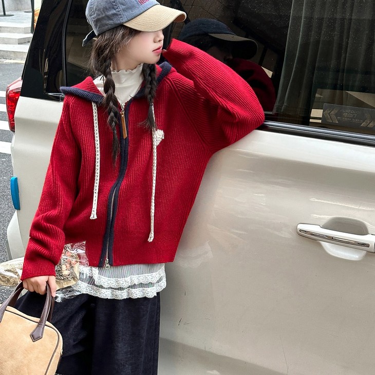 DA6036여아 가을 겨울 코튼 면혼방 울혼방 앙고라 후드 집업 라인 자수 줄무늬 포인트장식 베이직 복고 가디건 카디건 자켓 재킷 점퍼 코트 도톰 보온 방한 소프트 데일리 아동복