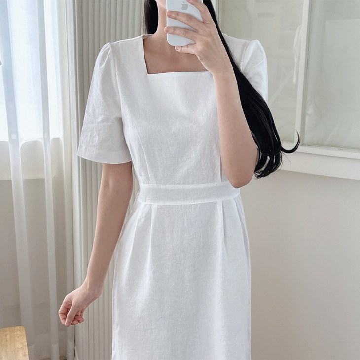 이푼아이 린넨 양트임 스퀘어넥 반팔 롱 미니 원피스