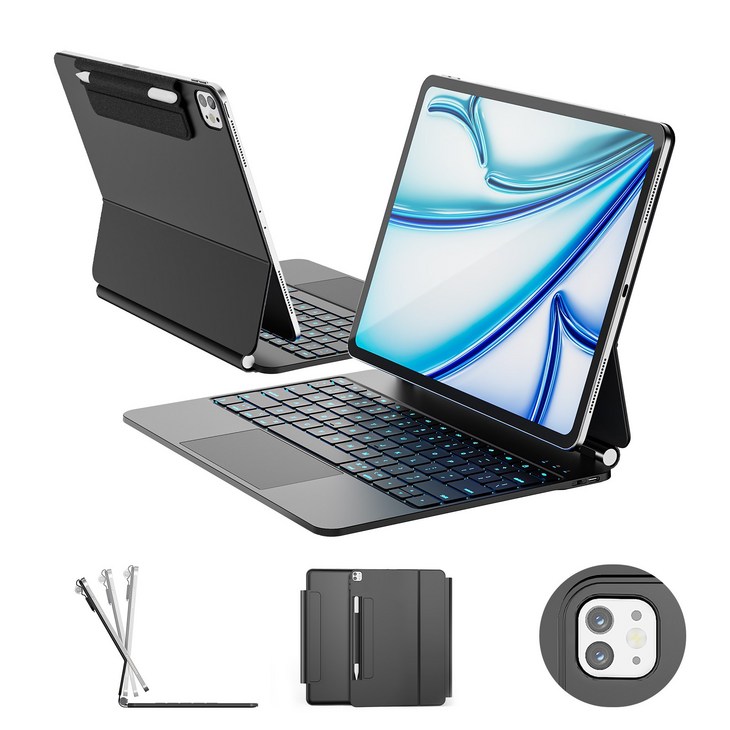 한국형 매직 키보드, 아이패드 에어 13 M3M2, 아이패드 프로 12.9 6543세대, 11색 백라이트 키트랙패드, 방오염 가죽, 블랙, 1개