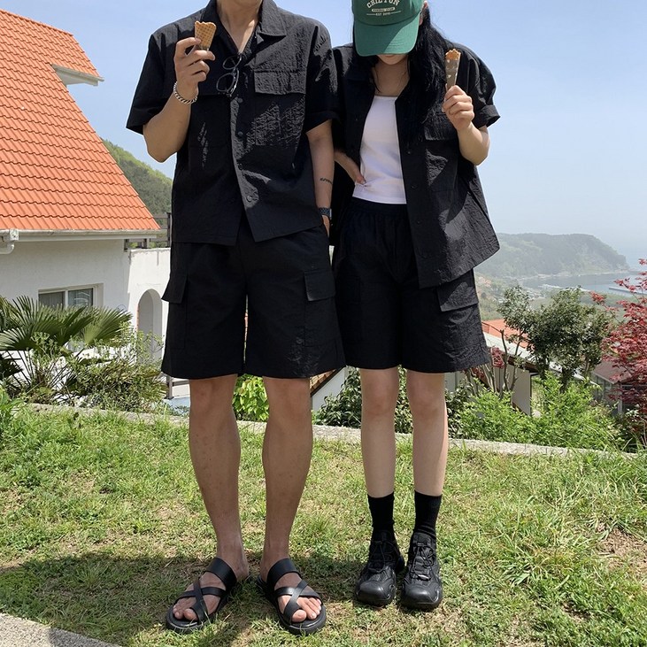 어둑 남자 커플 세트 나일론 포켓 반팔 셔츠 카고 반바지 상하의셋업