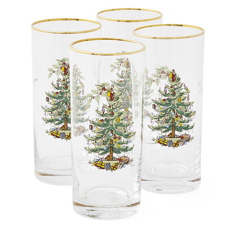 스포드 크리스마스 트리 하이볼잔 420ml 4p, 골드  그린  레드, 1세트