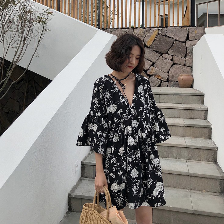 피어니스트 하와이 브이넥 오버핏 미니 원피스 빅사이즈 포함