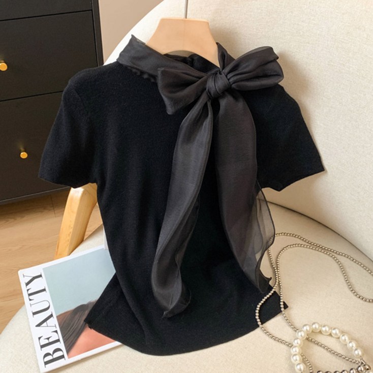 어썸풀 여성용 레어나 리본 반팔 니트 A25SMKN031913