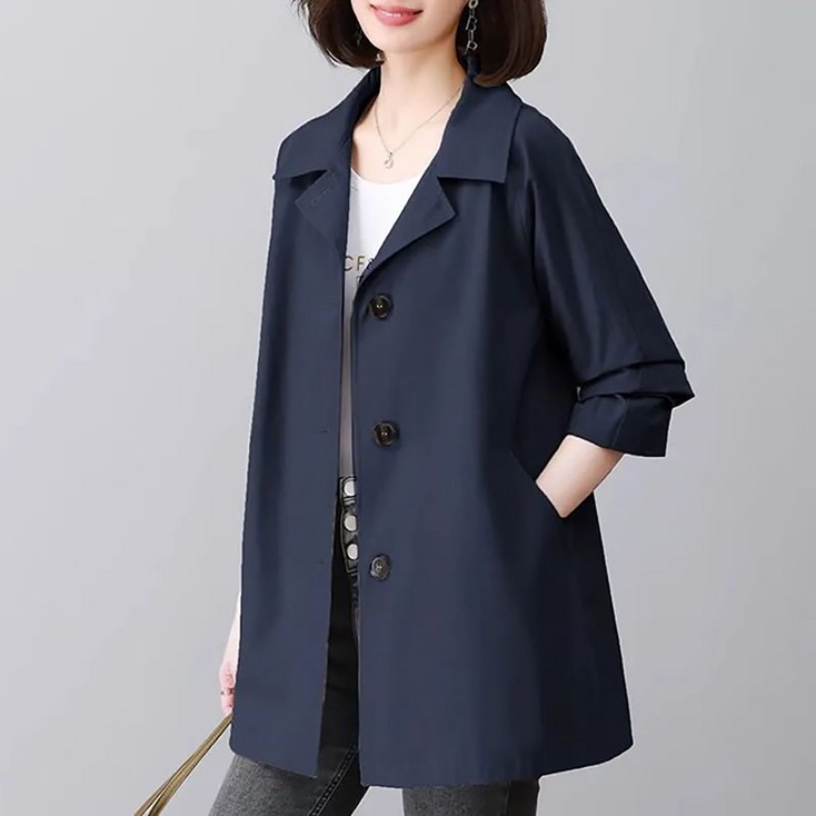 ROYALBELLE 여성 빅사이즈 중장기장 루즈핏 버튼 디테일 심플 스타일 캐주얼 트렌치코트 U0081240