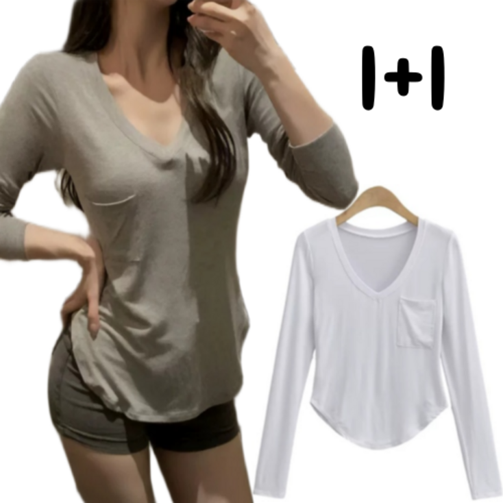 사라포유 여성 브이넥 슬림핏 무지 긴팔티셔츠