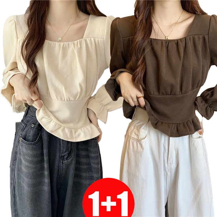 지고다그 11 여성 간절기 스퀘어넥 블라우스 프릴 밑단 허리라인 슬림핏 긴팔 상의 GJX2769