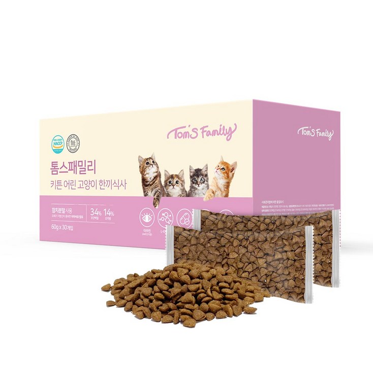 톰스패밀리 키튼 어린고양이 한끼식사 60g30개 1.8Kg, 닭, 1.8kg, 1개 톰스패밀리 키튼 어린고양이 한끼식사 60g30개 1.8Kg, 닭, 1.8kg, 1개