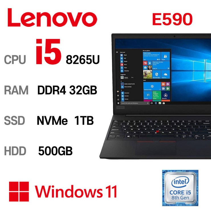 중고노트북 LENOVO E590 15.6인치 intel 8세대 i5-8265U, E590, WIN11 Pro, 32GB, 1TB, 블랙
