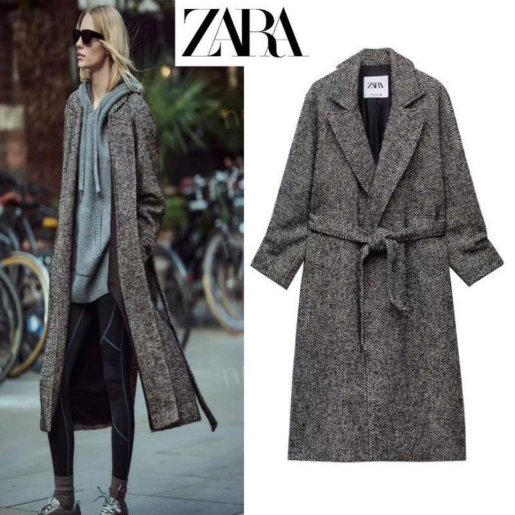 자라 겨울 여성 벨트 헤링본 트윌 코트 롱 자켓 zara