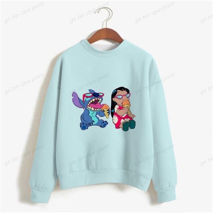 맨투맨 한국어 스타일 여성 의류 달콤한 o넥 풀오버 가을 디즈니 스티치 인쇄 느슨한