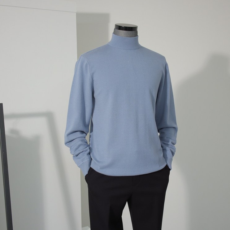 리버클래시 LJW51290 STANDARDFIT KNIT 슬리브 포인트 짜임 모크넥 니트 스카이블루