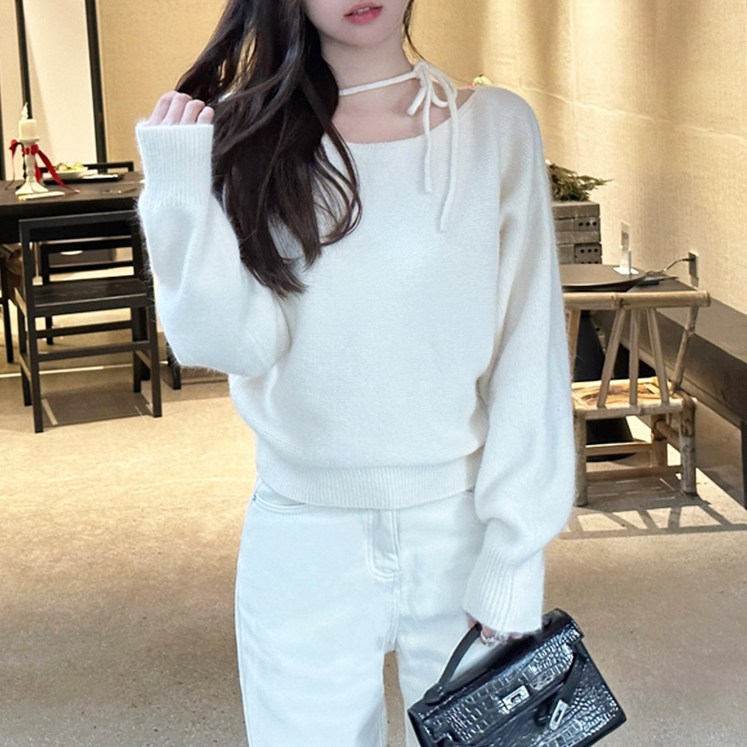 50시즌오프 한정수량세일 메이킹유 러블리무드주문폭주 긴팔 니트 언발 원숄더 보트넥 초커 리본 데이트룩 W92997리팡니트